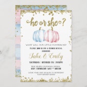 彼または彼女の小さなカボチャのジェンダーが青いピンクを明かす 招待状 (正面/裏面)