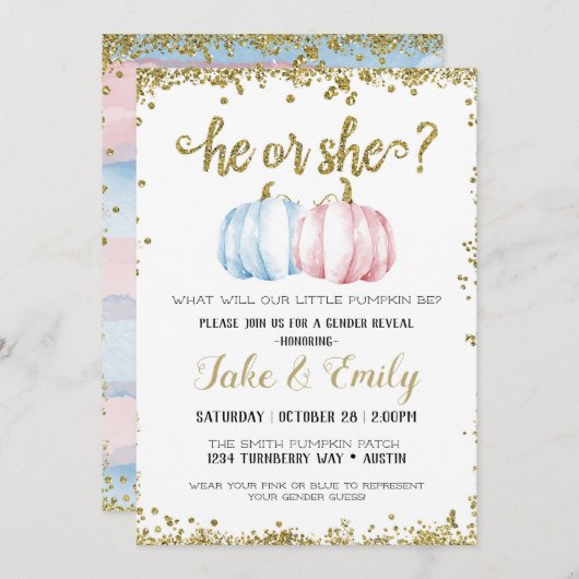 彼または彼女の小さなカボチャのジェンダーが青いピンクを明かす 招待状 (正面/裏面)