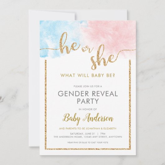 彼または彼女の水色金ゴールドグリッター性発現 招待状 (正面)