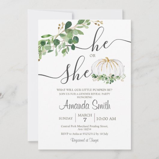 彼または彼女の白かぼちゃのジェンダーを明かす 招待状 (正面)