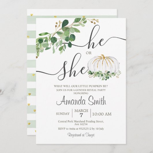 彼または彼女の白かぼちゃのジェンダーを明かす 招待状 (正面/裏面)