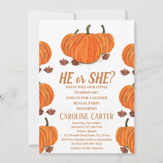 彼または彼女の秋パンプキンジェンダー明かす 招待状 (正面)