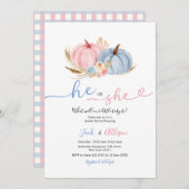 彼または彼女の青いギンガムピンクのカボチャ性別を明らかにする 招待状 (正面/裏面)