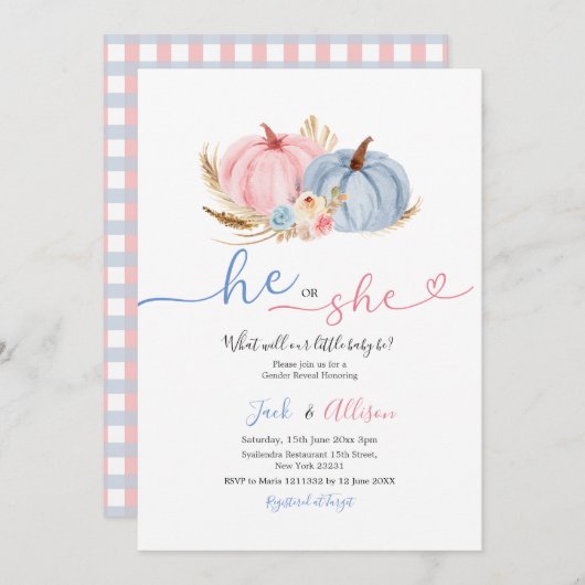 彼または彼女の青いギンガムピンクのカボチャ性別を明らかにする 招待状 (正面/裏面)