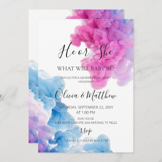 彼または彼女の青いピンクの煙のジェンダーが招待を明らかにする 招待状 (正面/裏面)