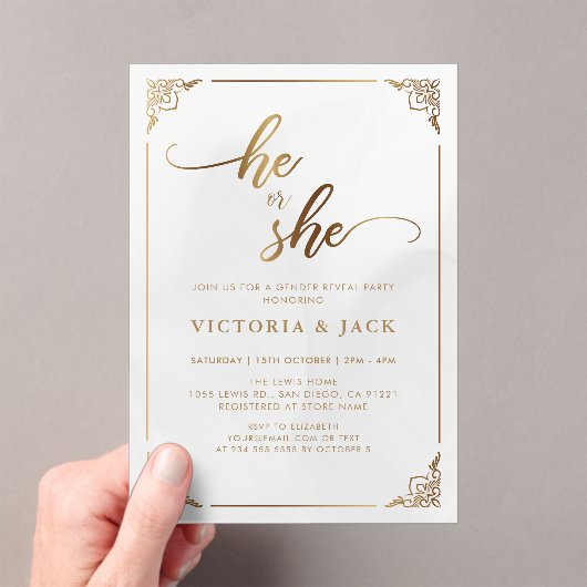 彼または彼女の高級金ゴールド華美ベビージェンダー アクリル招待状 (インサイチュ (ポータブル))