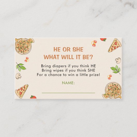 彼または彼女はスライスベビーピザ赤ちゃんシャワー エンクロージャーカード (正面)