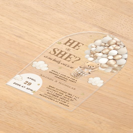 彼または彼女はテディベア性別を明らかにする アクリル招待状 (レイダウン)