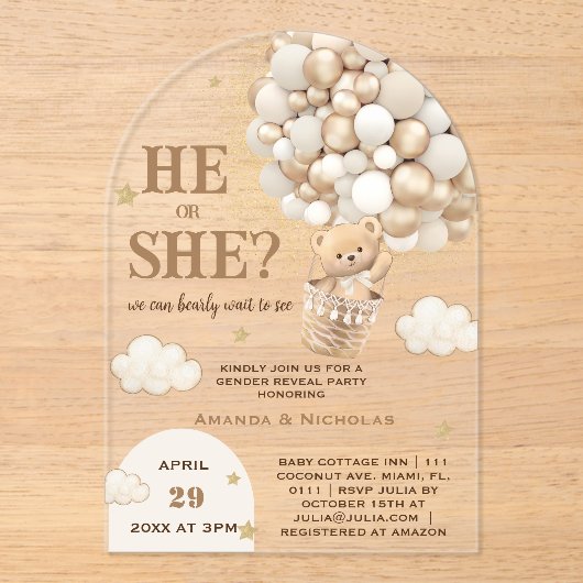 彼または彼女はテディベア性別を明らかにする アクリル招待状 (正面)