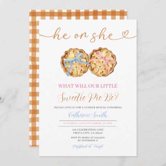 彼または彼女はパンプキンパイのジェンダーを弓でギンガムを明かす 招待状 (正面/裏面)