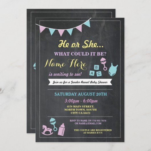 彼または彼女は性ベビーシャワーの招待を明らかにします 招待状 (正面/裏面)