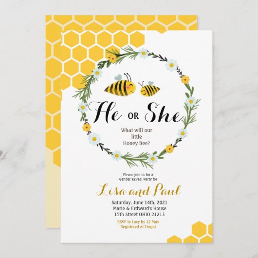 彼または彼女は蜂の性招待状を明らかにします 招待状 (正面/裏面)