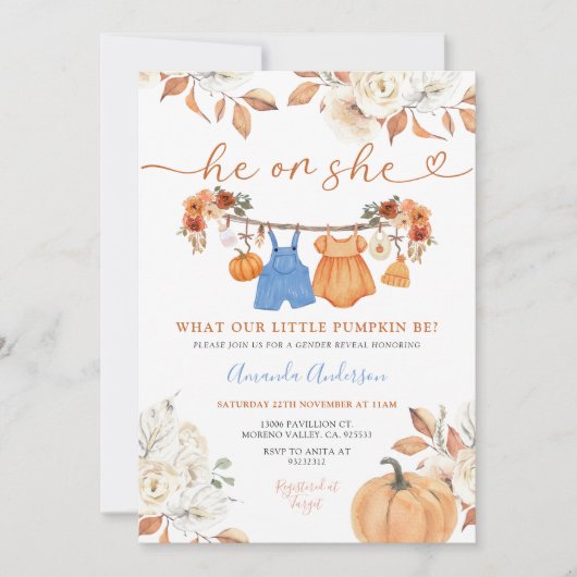 彼または彼女は赤ちゃん服をカボチャ性別が明かす 招待状 (正面)