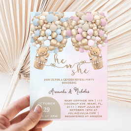 彼または彼女は風船のジェンダーの明かりを付けたテディベア 招待状