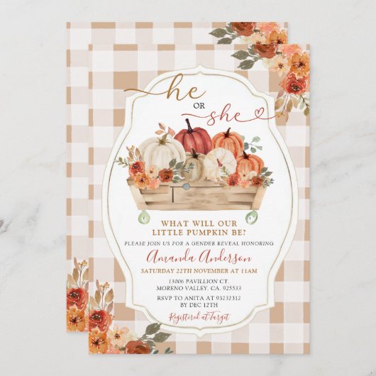 彼または彼女カボチャのパッチ秋フローラジェンダーの明かす 招待状 (正面/裏面)