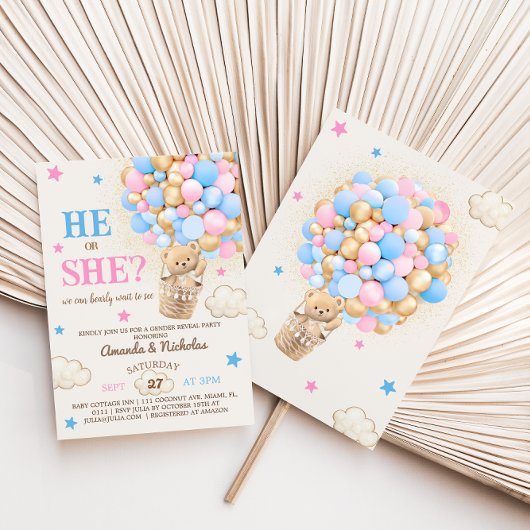 彼または彼女テディベア熱い気球ジェンダーの明かす 招待状