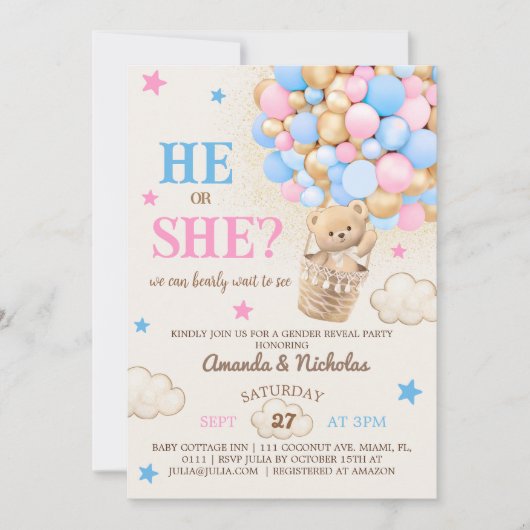 彼または彼女テディベア熱い気球ジェンダーの明かす 招待状 (正面)