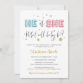 彼または彼女ピンクと青のフォイルバルーン赤ちゃんシャワー 招待状 (正面)