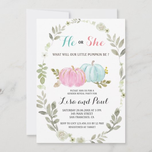 彼または彼女ピンクの青いカボチャのジェンダーを明かす 招待状 (正面)