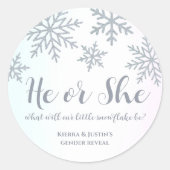 彼または彼女ピンクの青い冬のスノーフレークのジェンダーを明かす ラウンドシール (正面)