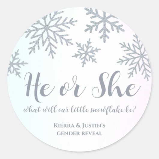 彼または彼女ピンクの青い冬のスノーフレークのジェンダーを明かす ラウンドシール (正面)