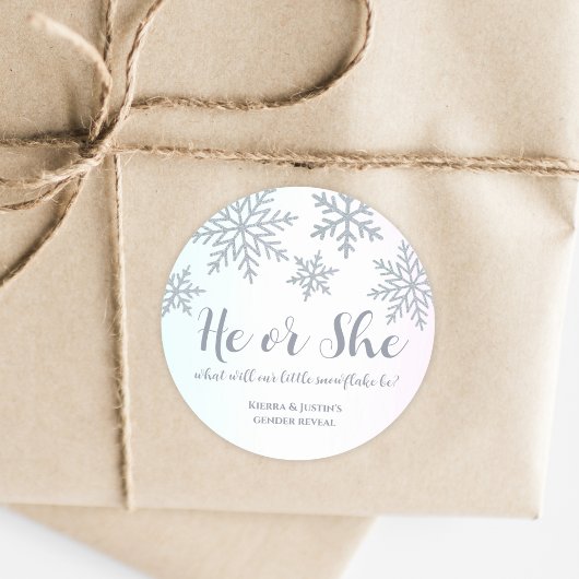 彼または彼女ピンクの青い冬のスノーフレークのジェンダーを明かす ラウンドシール