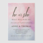 彼または彼女ピンクブルーパステルジェンダーを明らかにするパーティー ベラム紙招待状 (正面)