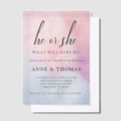 彼または彼女ピンクブルーパステルジェンダーを明らかにするパーティー ベラム紙招待状 (オフセット)
