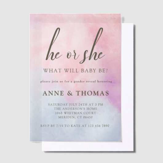 彼または彼女ピンクブルーパステルジェンダーを明らかにするパーティー ベラム紙招待状 (オフセット)