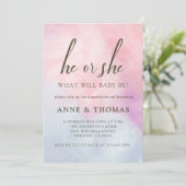 彼または彼女ピンクブルーパステルジェンダーを明らかにするパーティー 招待状 (スタンド正面)