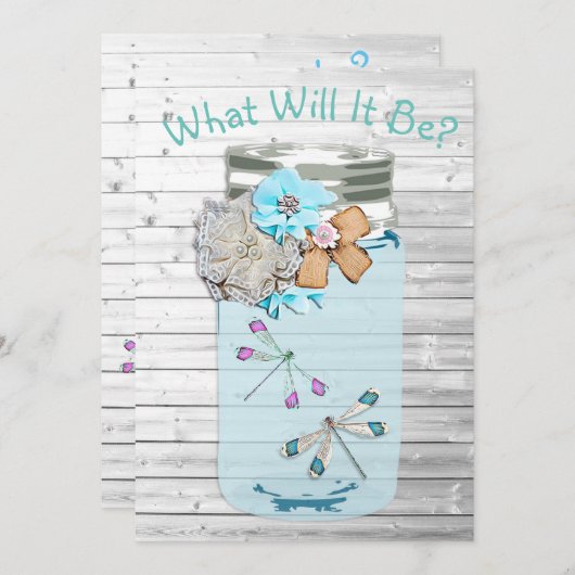 彼または彼女、赤ちゃんシャワー性別でドラゴンフライを明らかにする 招待状 (正面/裏面)