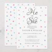 彼または彼女 青いピンクのハート 性別お披露目パーティー 招待状 (正面/裏面)