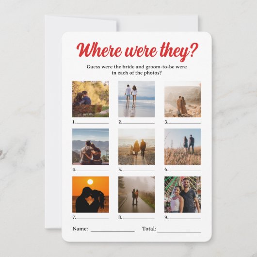 彼らが写真を推測するカップルのシャワーゲームはどこだった カード (正面)
