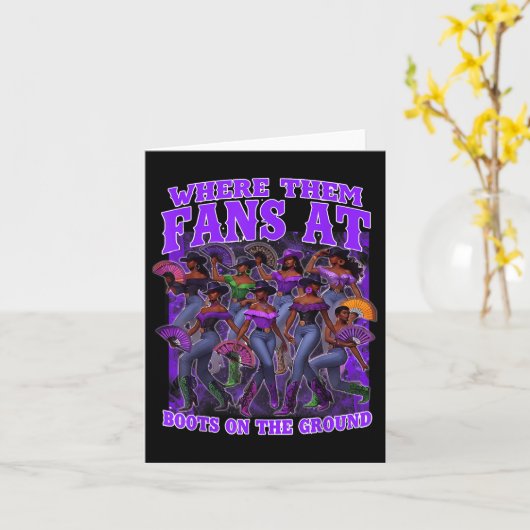 彼らが地面の上でブーツでファンの女性のカーボーイを我々 カード (黄色い花)