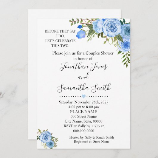 彼らが言う前に私はカップルの青いシャワーを結婚する 招待状 (正面/裏面)