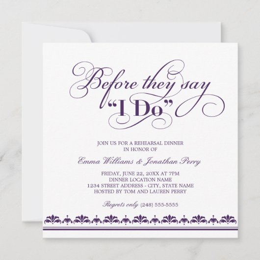 彼らが言う前に私は紫のリハーサルディナーをする 招待状 (正面)