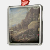 彼らの動物をがちである農家との景色 メタルオーナメント (左)