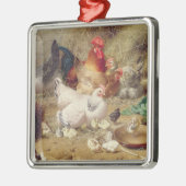 彼らの鶏とねぐらについている雌鶏 メタルオーナメント (左)