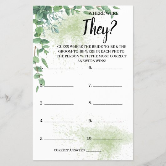 彼らはどこにいたのか ユーカリ  ブライダルシャワー ゲーム カード (正面)