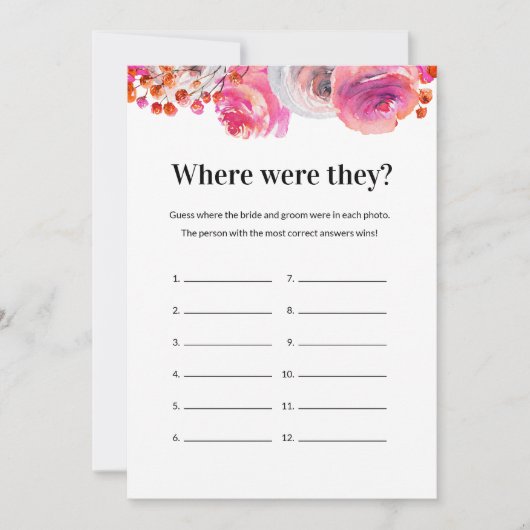 彼らはどこにいたブライダルシャワーゲームフローラカード 招待状 (正面)