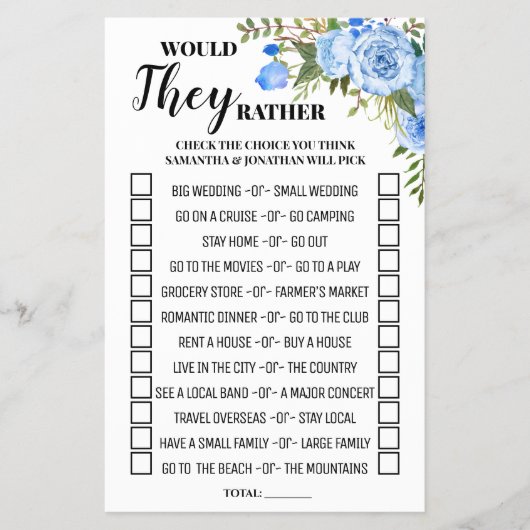 彼らはむしろ青いブライダルシャワーのゲームカード チラシ (正面)