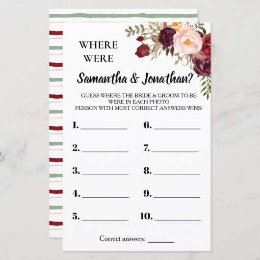 彼らはマルサラ花のブライダルシャワーゲーム (正面/裏面)