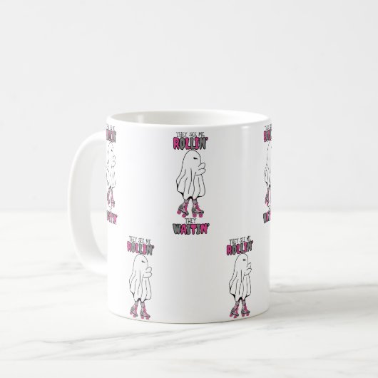 彼らは彼らのピンクのレトロな幽霊を待っている私をロールイン見る コーヒーマグカップ (正面左)