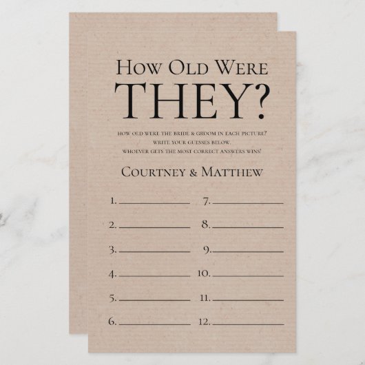 彼ら素朴は何歳だったブライダルシャワーゲーム (正面/裏面)