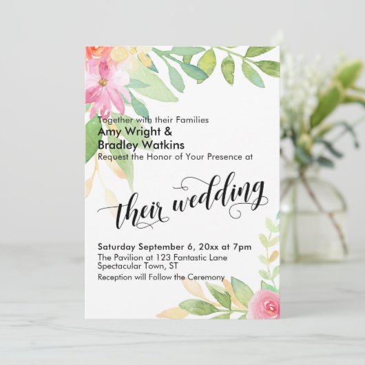 彼ら結婚のタイポグラフィ水彩フローラ結婚 招待状 (スタンド正面)