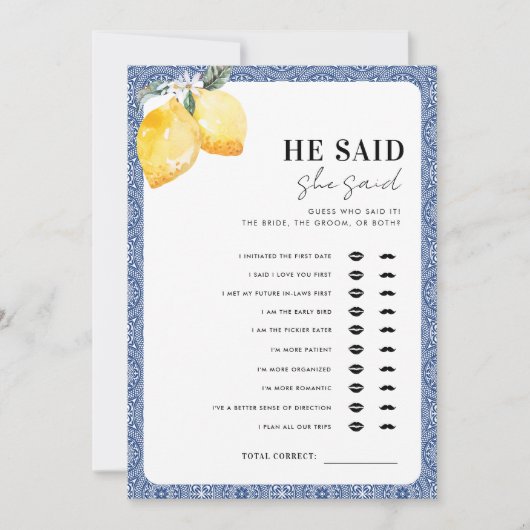 彼イタリアンは彼女がブライダルシャワーゲームを言ったと言った 招待状 (正面)