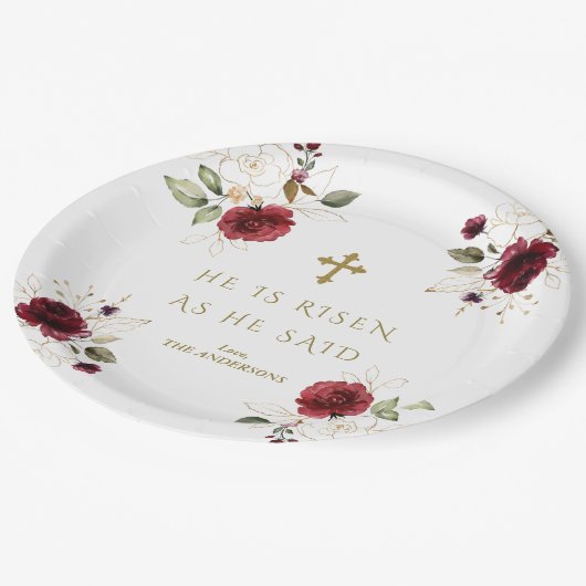 彼エレガントが復活した金ゴールドの花Burgundy ペーパープレート (アングル)