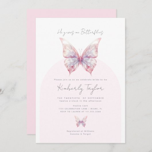 彼エレガントは与え私の蝶ブライダルシャワー 招待状 (正面/裏面)