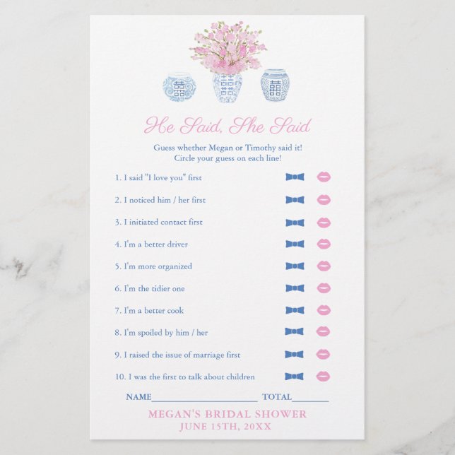 彼エレガントは彼女はウェディングシャワーゲームカードと言った (正面)
