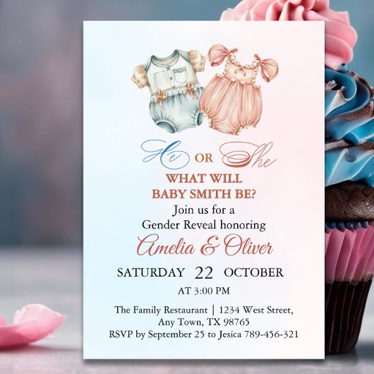 彼エレガントまたは彼女の水色ヴィンテージ性別が明らかにする 招待状